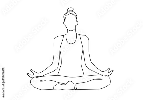 Woman Yoga Continuous One Line Drawing. Woman Meditation Silhouette Line Drawing. Lotus Pose Concept for Modern Minimal Design. Relaxation One Line Illustration. Vector EPS 10 © Наталья Дьячкова