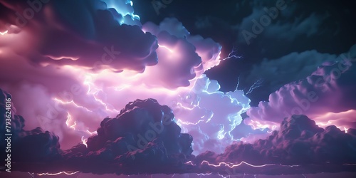 Neon clouds with lighting storm, fantasy neon background, ultra high definition photo