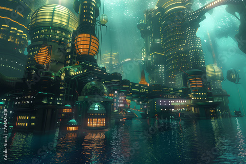 Ethereal Underwater Cityscape Glowing in the Depths of the Ocean