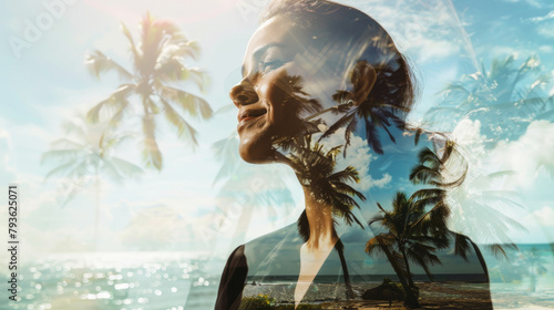 Young businesswoman at work thinking about travel and holidays , woman in formal clothing letting see tropical beach palm tree in background photo