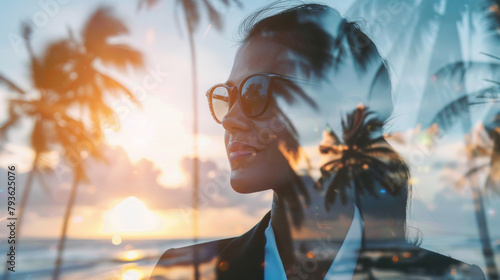 Young businesswoman at work thinking about travel and holidays , woman in formal clothing letting see tropical beach palm tree in background photo