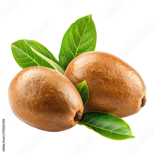Fresh Sapodilla with leaves isolated on transparent background