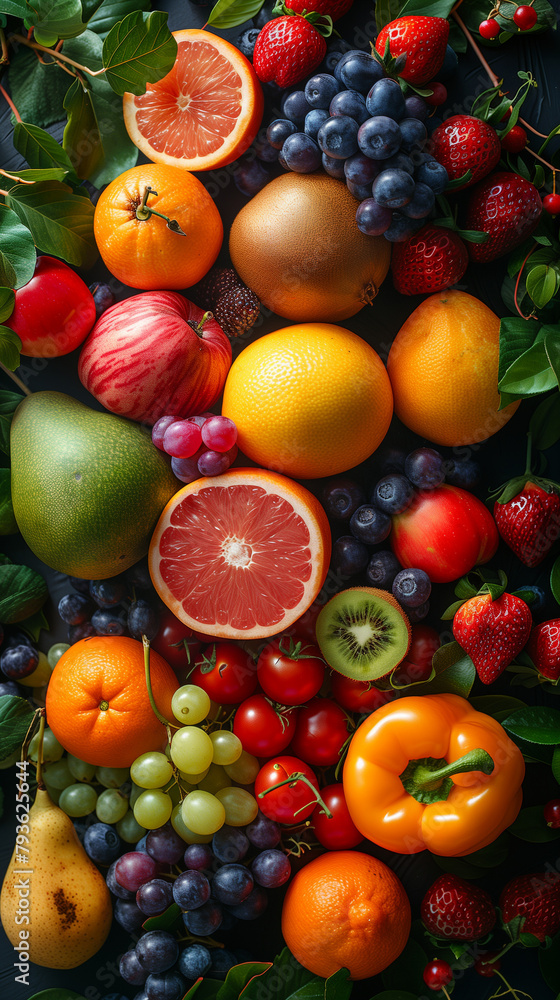 A realistic photo capturing a diverse assortment of fruits, showcasing a vibrant array of colors, shapes, and textures, creating a visually appealing composition.
