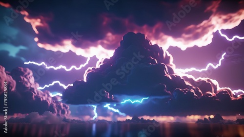 Neon clouds with lighting storm, fantasy neon background, ultra high definition photo