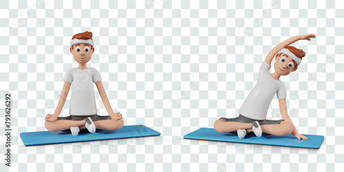 3D man doing yoga. Male character in lotus position sits straight, leans to side