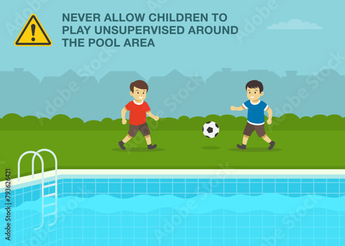 Safety rule for kids. Two male kids playing ball beside outdoor swimming pool. Never allow children play unsupervised around the pool area. Flat vector illustration template.