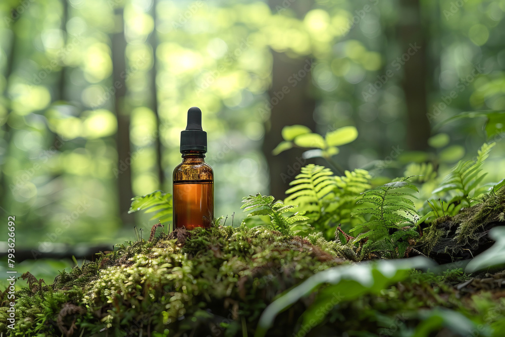 An essential oil bottle with a dropper cap on the forest floor. An essential oil bottle with a dropper cap on the forest floor.