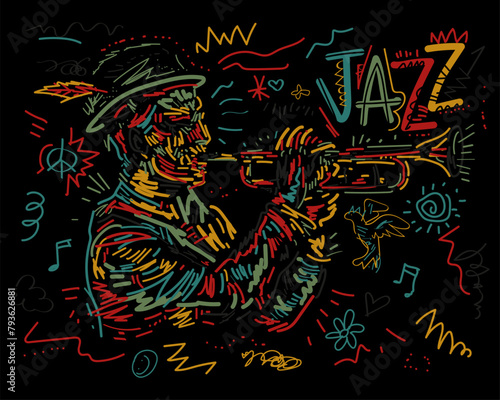Vector illustration for jazz poster. Music festival. Trumpet player