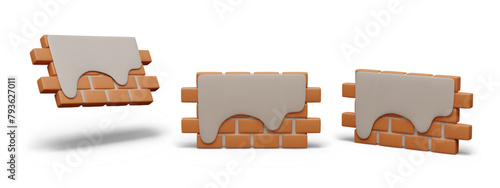 Part of brick wall with plaster. Set of vector objects, view from different angles