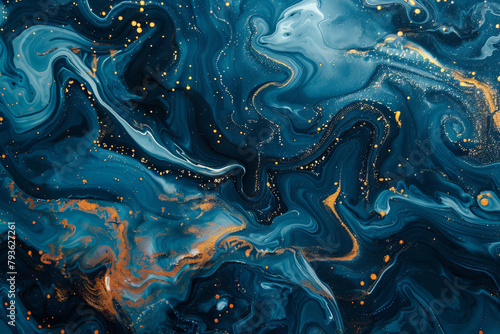 abstract background with streaks of multicolored epoxy resin in close-up, mixing blue gold and white colors of paints