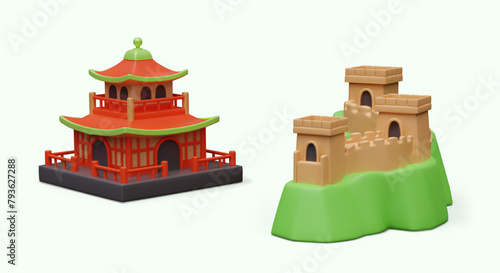 Great Wall of China on green hill, red pagoda with curved roof