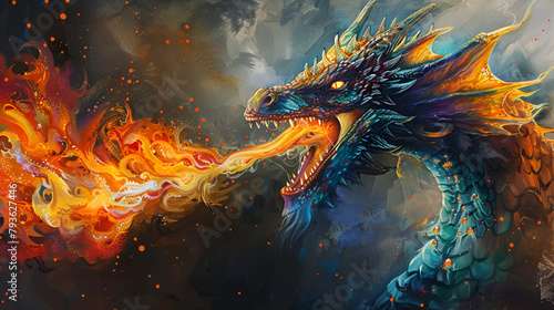 Artistic Style Painting Drawing of A Fire Dragon Blowing Fire Aspect 16:9 Artwork Wall Art © Kevin