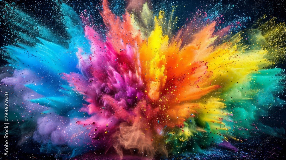 Vibrant holi paint clouds explode on black, creating a beautiful chaos in the air