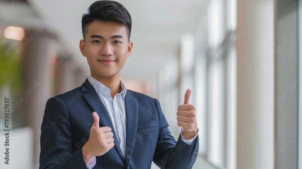 A young Asian engineer in a business suit, giving a thumbs up while looking at the camera, styled against a smooth light background for a positive corporate. A young Asian engineer in a business suit, giving a thumbs up while looking at the camera, styled against a smooth light background for a positive corporate.