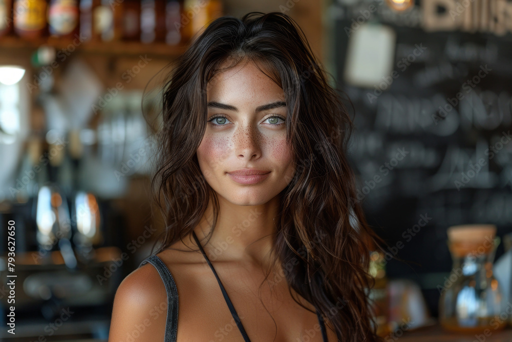portrait of a beautiful tanned sexy brunette girl with long hair on the background of a bar counter, barista or barmaid portrait of a beautiful tanned sexy brunette girl with long hair on the background of a bar counter, barista or barmaid