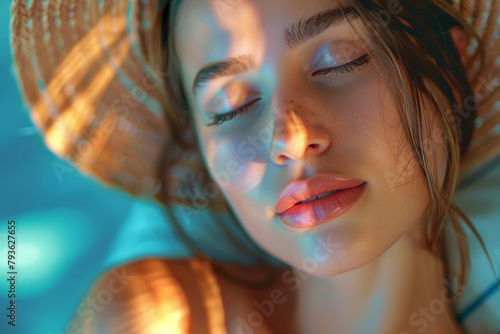 portrait of a beautiful sexy girl with plump lips and closed eyes close-up in neon rays