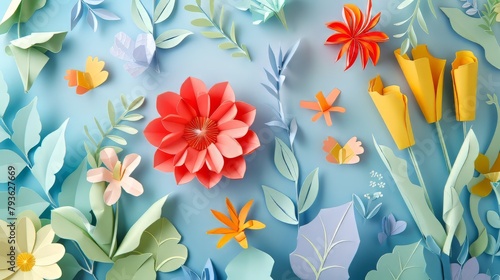 A colorful paper flower arrangement with butterflies and other flowers. Scene is cheerful and lively