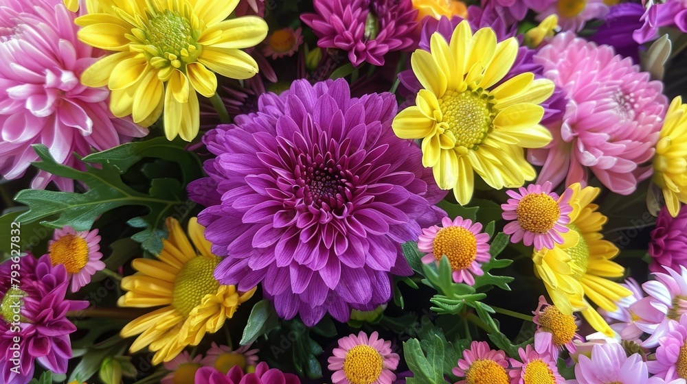 A stunning vivid purple chrysanthemum steals the spotlight in a delightful mix of chrysanthemums mums and daisies in a bouquet
