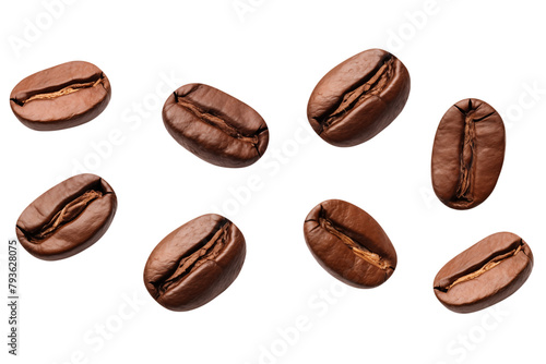 Levitation of coffee beans isolated on a transparent background.