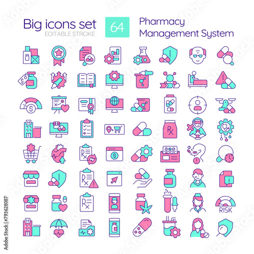 Pharmacy management system RGB color icons set. Drug manufacturing. Pharmaceutical products, pills. Isolated vector illustrations. Simple filled line drawings collection. Editable stroke