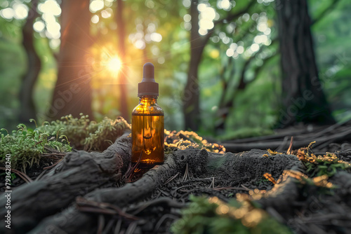 An essential oil bottle with a dropper cap on the forest floor.