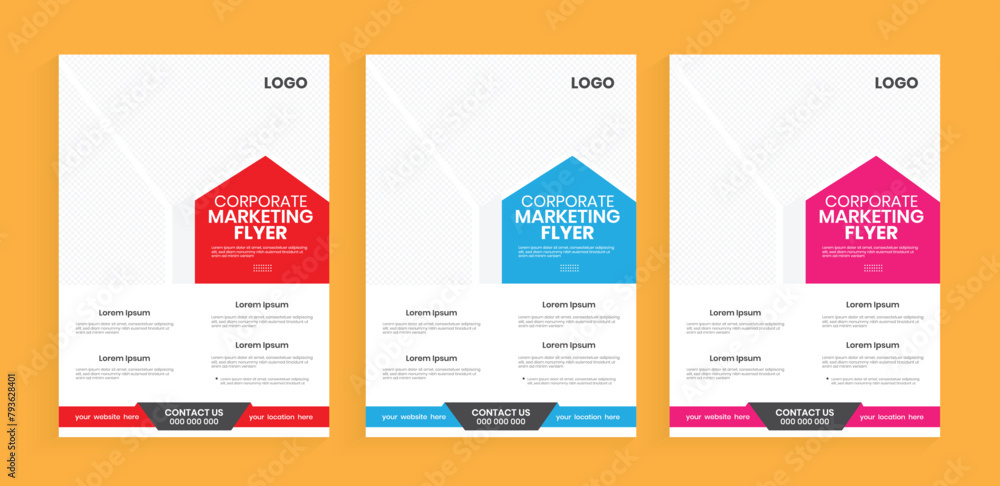 A4 marketing flyer design template. New flier design bundle page collection. Vector editable yellow, red, and white color handout, poster template. Print marketing vertical leaflet, blank paper.