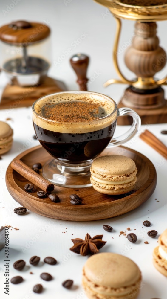 Black coffee with cinnamon in a clear cup on a wooden saucer. Coffee macarons and coffee grinders on a white background Black coffee with cinnamon in a clear cup on a wooden saucer. Coffee macarons and coffee grinders on a white background