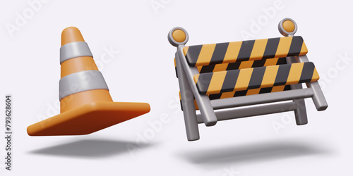 Signal cone, foldable barrier. Elements of temporary fence for work of builders, rescuers, repairmen