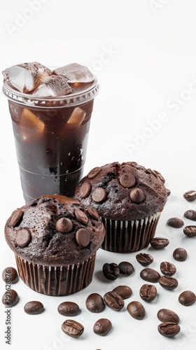 Chocolate muffins and iced coffee on a white background