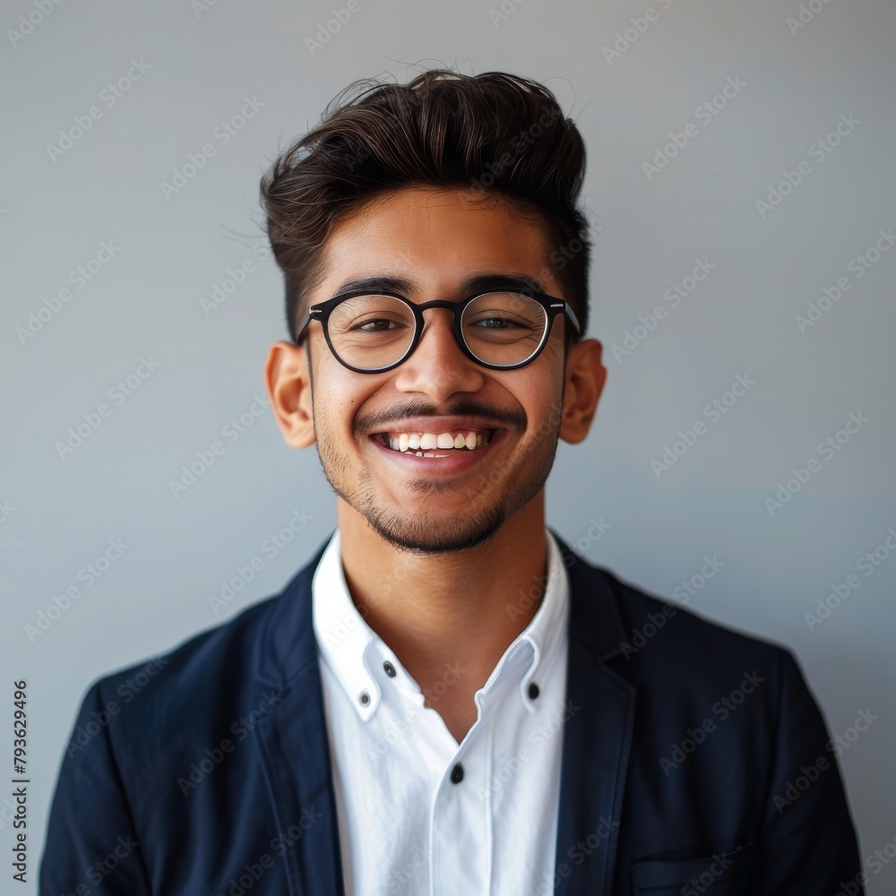 A young executive in smart casual attire, smiling warmly during a video call, expressing approachability, against a light grey background, styled as a modern corporate communication scene.