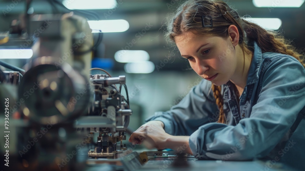 A young female engineer in a workshop, adjusting machinery, showing concentration, on a clean background, styled as an on-the-job engineering task. A young female engineer in a workshop, adjusting machinery, showing concentration, on a clean background, styled as an on-the-job engineering task.