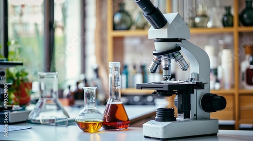 Scientific Exploration: Microscope and Lab Glassware in Research Laboratory Setting