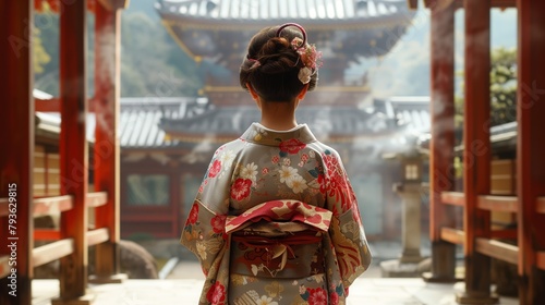 Japanese girl in kimono, In a temple courtyard, reflecting the rich Japanese culture.