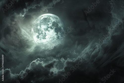 A large, bright moon is surrounded by dark clouds in the sky