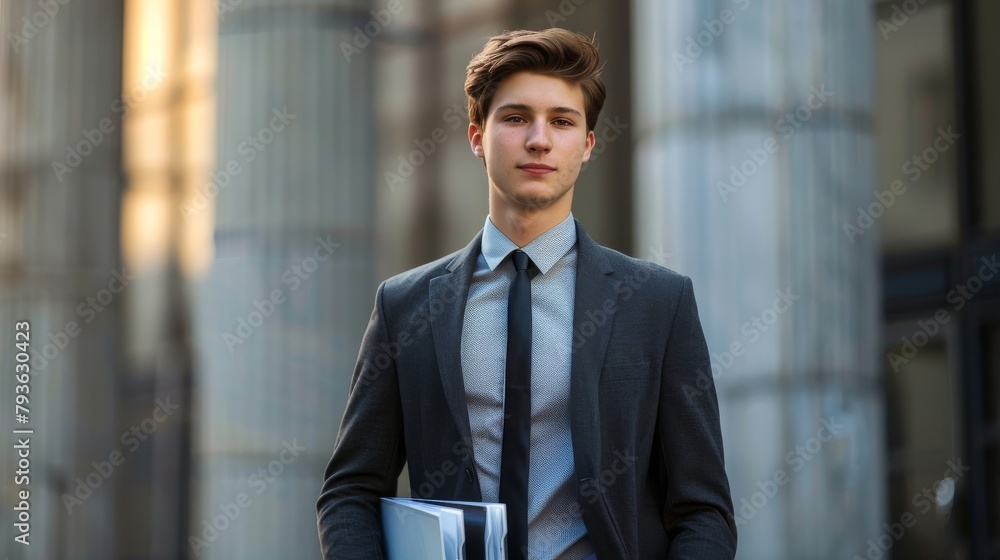 A young lawyer outside a courthouse, holding briefs, ready for trial, with a focused, determined look, against a simple architectural background, styled as a moment before action. A young lawyer outside a courthouse, holding briefs, ready for trial, with a focused, determined look, against a simple architectural background, styled as a moment before action.
