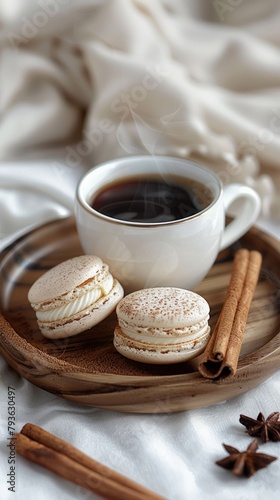 coffee macarons cream cup wooden