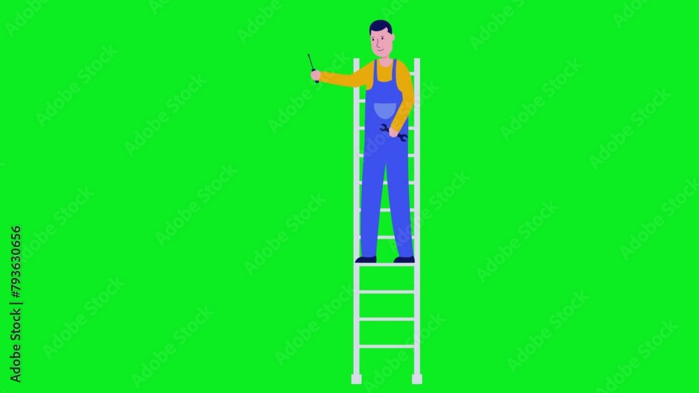2d animated cartoon character of a repairman working on a ladder with a ...