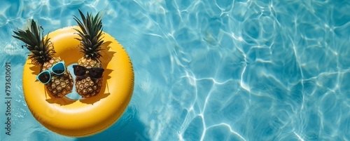Tropical Tranquility banner with copy space. Two funny charming Pineapples Relax in the pool on an yel Inflatable ring, Creating a Vision of Vacation Bliss during sunbathing