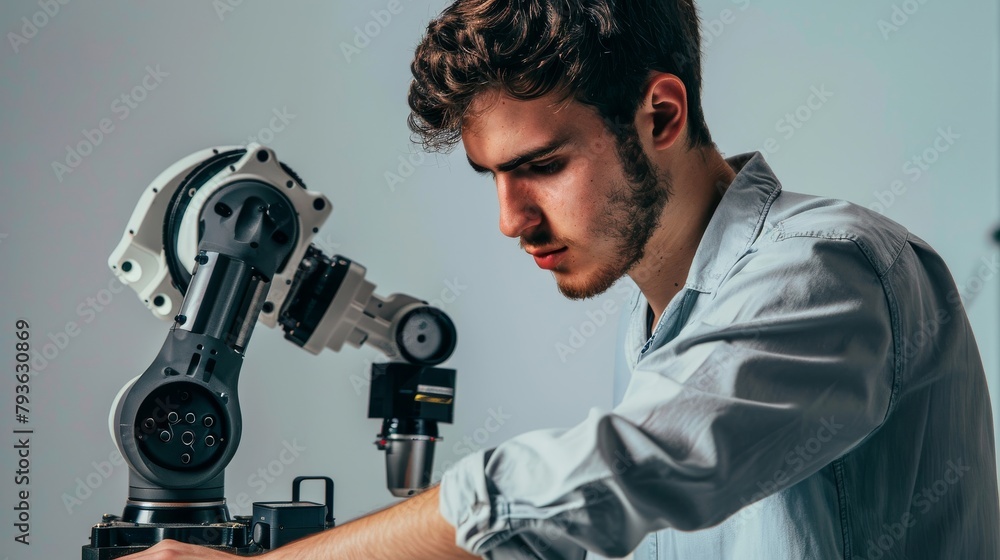 A young male engineer in casual attire, examining a robotic arm, showing focus and curiosity, against a plain background, styled as a tech innovation shot. A young male engineer in casual attire, examining a robotic arm, showing focus and curiosity, against a plain background, styled as a tech innovation shot.