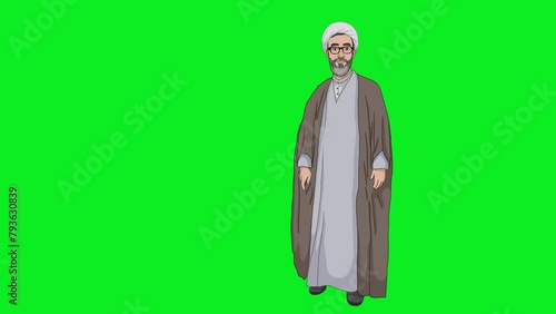 2d animated cartoon man character of an Islamic sheikh is walking, talking and teaching in green screen chroma key. 4K resolution. photo