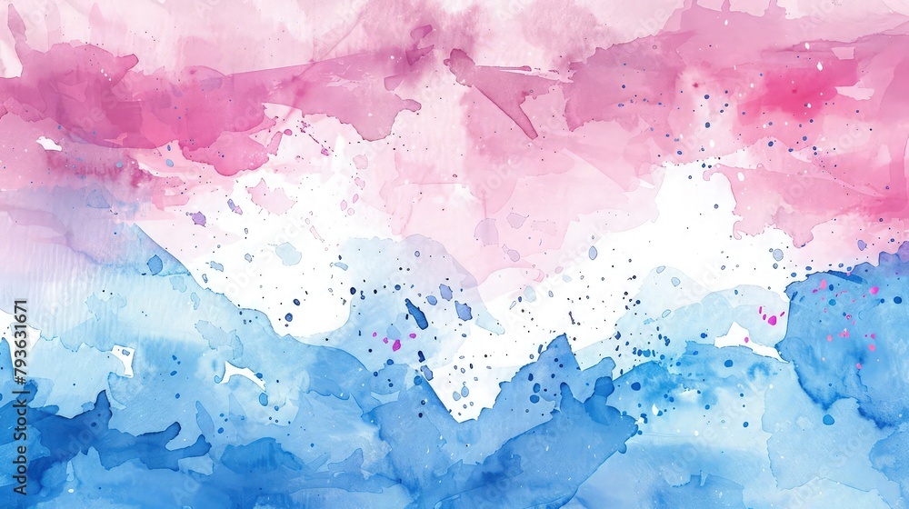 Obraz premium Abstract watercolor background featuring blending pink and blue tones with dynamic paint droplets isolated on a white background for creative design projects.