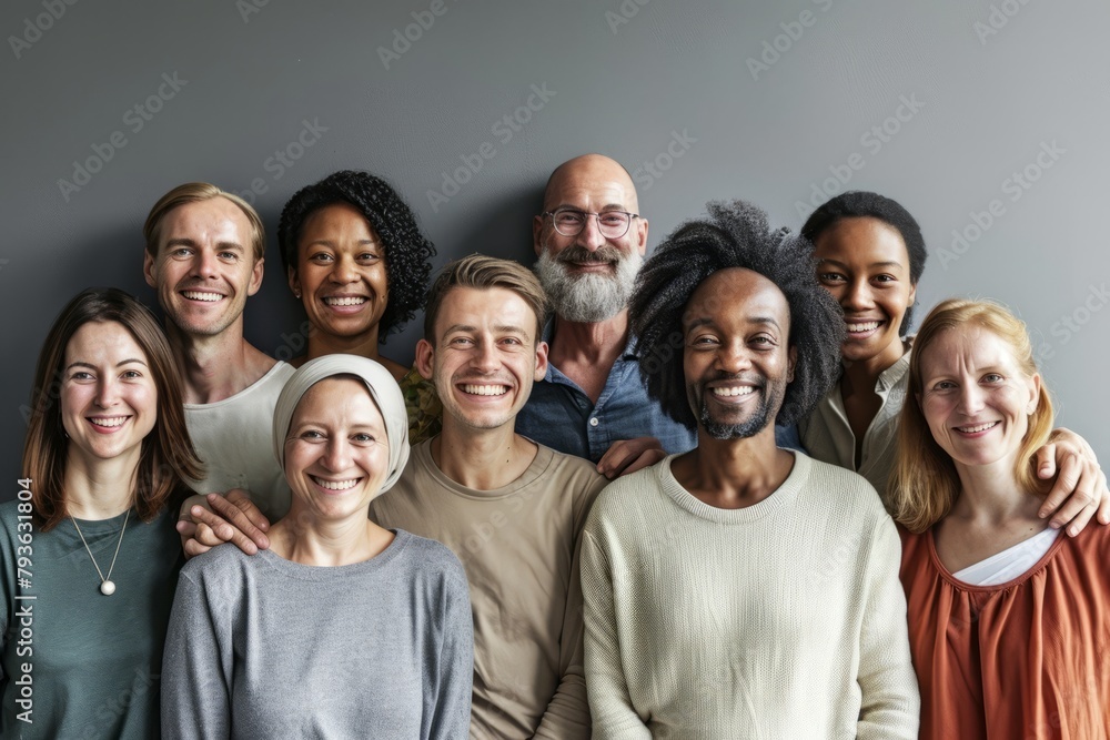 Group of diverse people standing together in a circle smiling and looking at camera