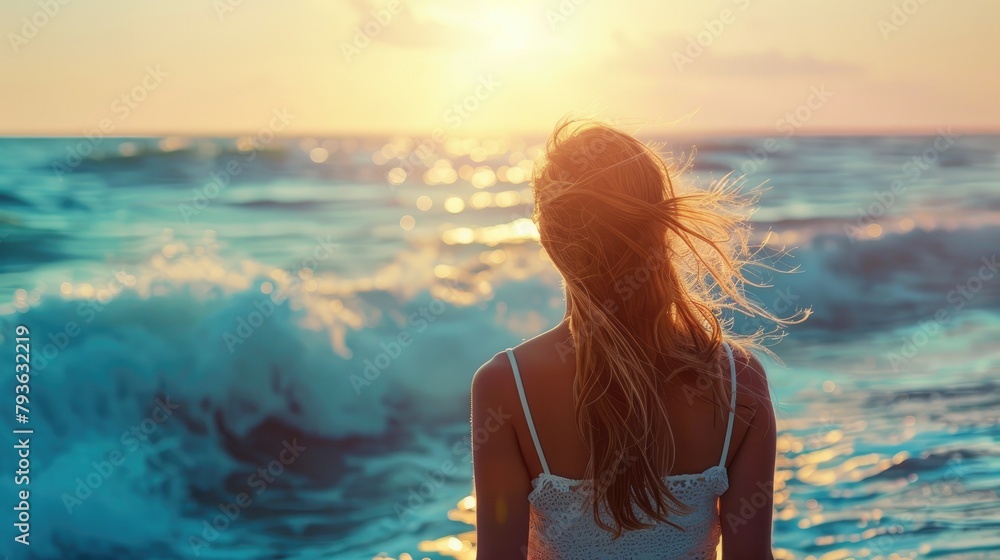 Girl standing against the backdrop of the ocean Girl standing against the backdrop of the ocean