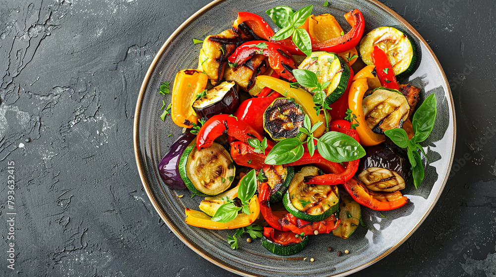 Plate of grilled vegetables with zucchini, bell peppers, and eggplant