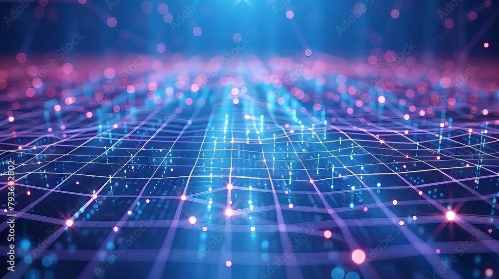 Futuristic grid pattern background with interconnected AI nodes and data streams, highlighting the computational power and efficiency of intelligent systems Futuristic grid pattern background with interconnected AI nodes and data streams, highlighting the computational power and efficiency of intelligent systems