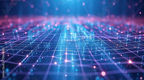 Futuristic grid pattern background with interconnected AI nodes and data streams, highlighting the computational power and efficiency of intelligent systems