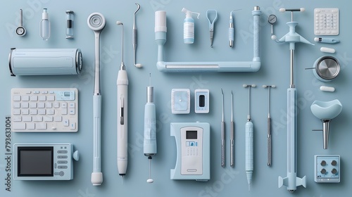 a range of diagnostic tools and apparatus against a soft blue backdrop, photographed in detailed full ultra HD and high resolution, perfect for medical websites and presentations.