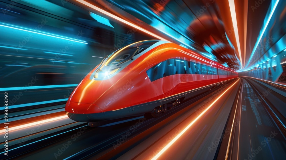 Orange futuristic train running at high speed Orange futuristic train running at high speed
