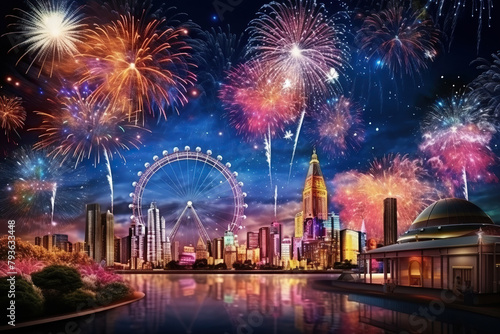 Generative ai on theme festive brightly fireworks on twilight background high in dark sky © oleg525