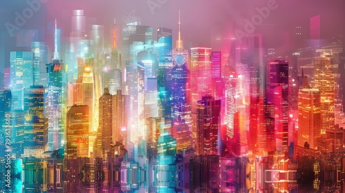 Glowing neon cityscapes radiating with energy and vibrancy, set against the purity of white photo